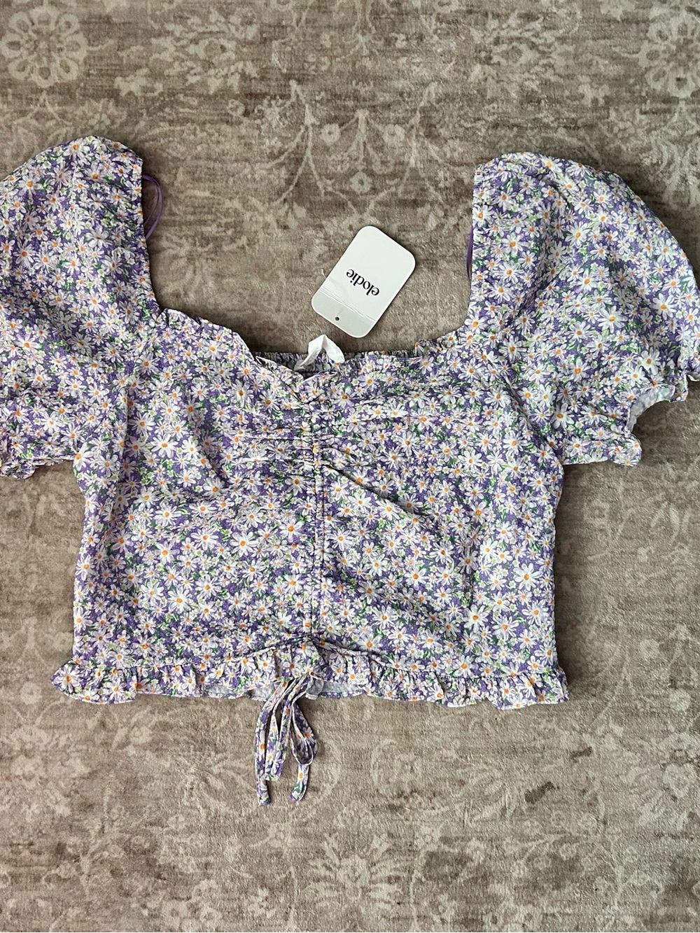 Elodie Purple Daisy Ruched Puff Sleeve Crop Top